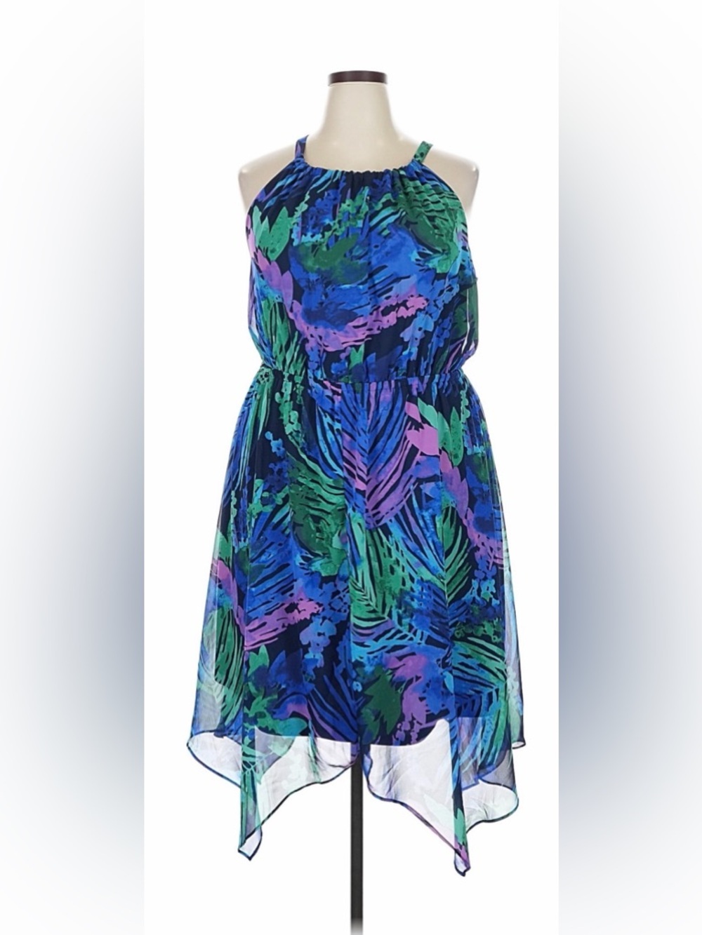 Lane Bryant Blue, Green & Purple Tropical Asymmetrical Sundress